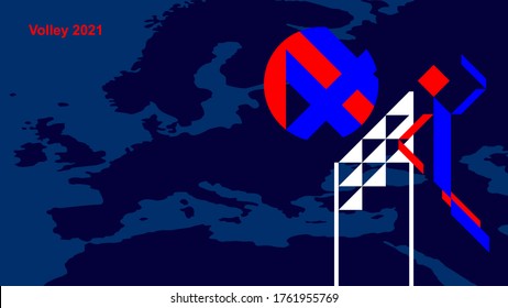 Volleyball player bounces the ball against a background of a map of europe. Abstract wallpaper in red and blue for volley tournament, championship, competition 2021. Vector