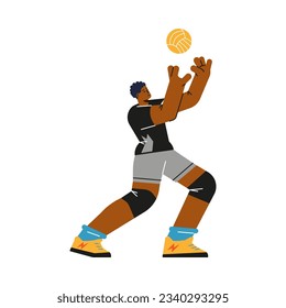 Volleyball player cartoon character catching and hitting the ball over net, flat vector illustration isolated on white background. Volleyball player during game.