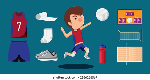 Volleyball player cartoon and equipment set such as ball, uniform, net, court, score, shoe. Objects isolated on a blue background.