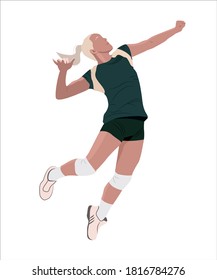 Jugador de voleibol en movimiento dinámico. Chica en un salto hace una acción de ataque. Ilustraciones de diseño vectorial de estilo plano. Aislado sobre un fondo blanco.