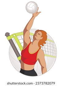 volleyball player female hitting ball with volleyball and net in the background