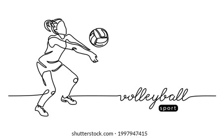 Volleyball player. Girl, woman abstract vector illustration, background, banner, poster. One line art drawing of volleyball player.