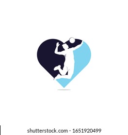 volleyball player heart shape concept logo.Abstract volleyball player jumping from a splash. Volleyball player serving ball.	