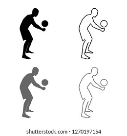 Volleyball player hits the ball with bottom silhouette side view Attack ball icon outline set grey black color