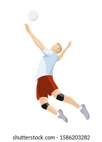 Volleyball player hits the ball. Isolated on white background. Male cartoon character play volleyball. Team sport. Flat vector illustration. Minimalistic illustration