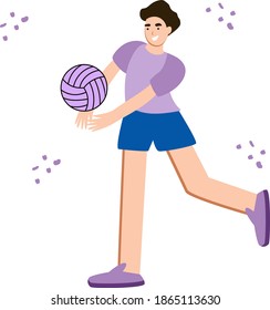 Volleyball player hits the ball in a sports. Male cartoon character play volleyball. Team sport. Flat vector illustration.