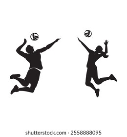 Volleyball Player Icon Set Male Female in Action Silhouette Vector