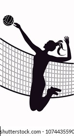 Volleyball player, jumping girl, ball, grid - isolated over white background - vector art illustration