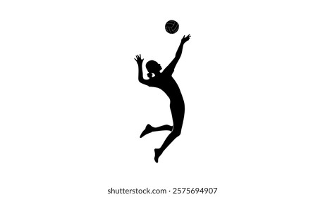 Volleyball player jumping to hit the ball, black isolated silhouette