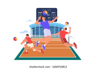 Volleyball player jumping and hitting a ball. Volleyball player training. Athlete on the stadium. Championship tournament, team sport concept. Isolated vector illustration in cartoon style