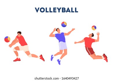 Volleyball player jumping and hitting a ball. Volleyball player training. Athlete set. Championship tournament, team sport concept. Isolated vector illustration in cartoon style