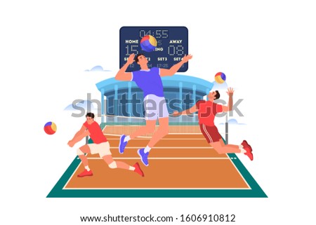 Volleyball player jumping and hitting a ball. Volleyball player training. Athlete on the stadium. Championship tournament, team sport concept. Isolated vector illustration in cartoon style