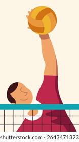 Volleyball Player Jumping and Pushing Ball Over the Net