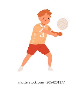 Volleyball Player Kid Serving Ball With Hands. Funny Boy Playing Active Game. Happy Cute School Child During Sports Activity. Colored Flat Vector Illustration Isolated On White Background