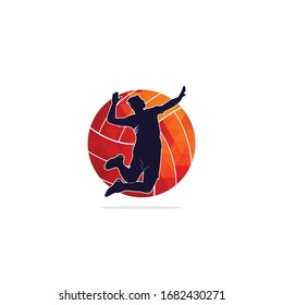 Volleyball player logo.Abstract volleyball player jumping from a splash. Volleyball player serving ball.	