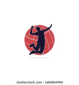 Volleyball player logo.Abstract volleyball player jumping from a splash. Volleyball player serving ball.	