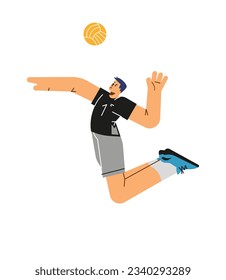 Volleyball player male character hitting the ball in jump, flat vector illustration isolated on white background. Volleyball player during game in motion.