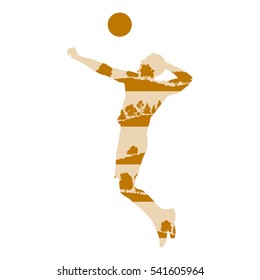 Volleyball player man in action vector background concept made of forest trees fragments isolated on white