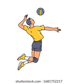 Volleyball player man cartoon character jumping high serving ball, sketch vector illustration isolated on white background. Sport team athlete in motion image.