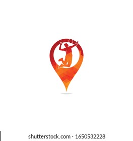 volleyball player map pin shape concept logo.Abstract volleyball player jumping from a splash. Volleyball player serving ball.	