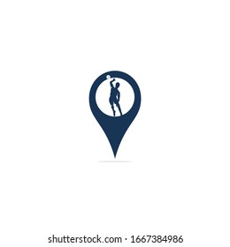 Diseño del logo vectorial del jugador de voleibol y del pasador de mapa. Icono GPS y logo del jugador de voleibol.