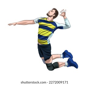 Volleyball player from multicolored paints. Splash of watercolor, colored drawing, realistic. Vector illustration of paints