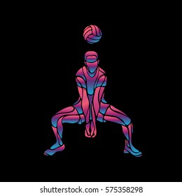 Volleyball player neon silhouette. Digger position