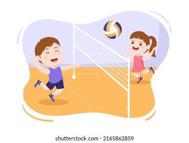 Volleyball Player On The Attack For Sport Competition Series Indoor In Flat Cute Kids Cartoon Illustration