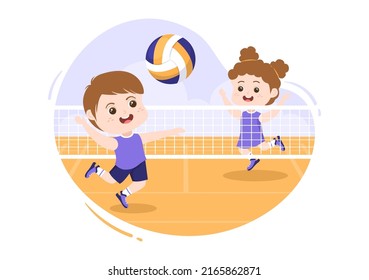 Volleyball Player On The Attack For Sport Competition Series Indoor In Flat Cute Kids Cartoon Illustration