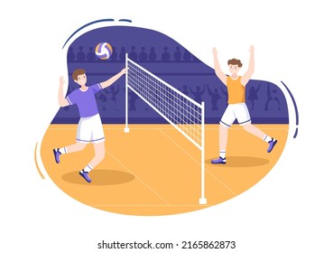 Jugador de voleibol en el ataque a la serie de competición deportiva en el interior en una ilustración de caricatura plana