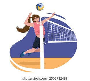 Volleyball Player on the Attack for Sport Competition Series Indoor in Flat Cartoon Illustration.