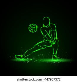 Volleyball player plays volleyball. Vector neon illustration on a black background.