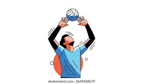 A volleyball player prepares to serve the ball with a clear focus on the game