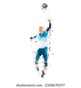 Volleyball player serving ball, isolated low polygonal vector illustration, front view. Team sport athlete logo