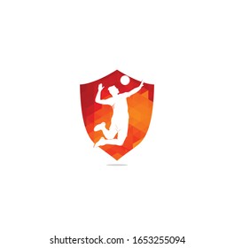 volleyball player shield shape concept logo.Abstract volleyball player jumping from a splash. Volleyball player serving ball.	