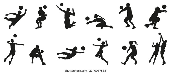 Volleyball player silhouette collection. Set of black volleyball people silhouette