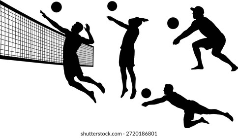Conjunto de Vectores de silueta de jugador de voleibol, íconos deportivos negros, saltos, buceo, clavos, poses de excavación, Elementos de diseño editables, gráfico atlético, colección de arte imprimible, ilustración de acción dinámica