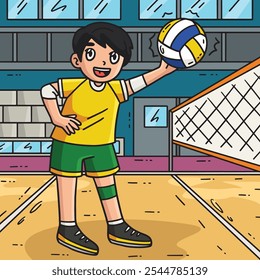 Volleyball Player Spiking the Ball Colored Cartoon