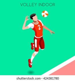 Volleyball Player Sportsman Games Icon Set. 3D Isometric Indoor Volleyball. Sporting Championship People Volley Match Competition. Sport Infographic events Volley Vector Illustration.