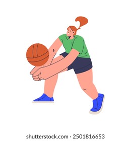 Volleyball player throwing ball with hands, flat cartoon vector illustration. Volleyballist woman in uniform playing for fun or practicing for tournament. Sportive girl physical education