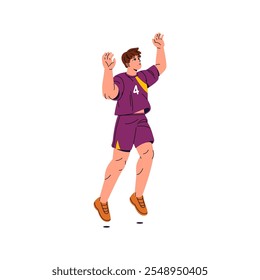 Volleyball player in uniform jumps, hands up to catch ball. Athlete in sports clothes plays soccer, football. Sportsman is in competition, match. Flat isolated vector illustration on white background.