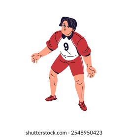 El jugador de voleibol en uniforme mira hacia arriba, se prepara para volear o atrapar la vista superior de la pelota. Deportista de Profesional juega en juego deportivo, partido, competencia. Ilustración vectorial aislada plana sobre fondo blanco