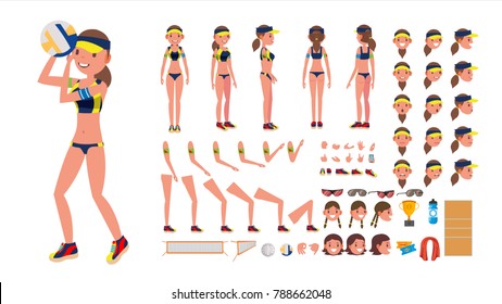 Volleyball Player Vector. Beach Volleyball Female Sport. Animated Character Creation Set. Full Length, Front, Back View, Accessories, Poses, Face Emotions, Gestures. Flat Cartoon Illustration