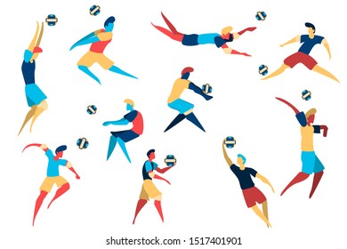 Volleyball players in different action poses. Action moves in volleyball set. Volley contemporary colorful vector illustration.