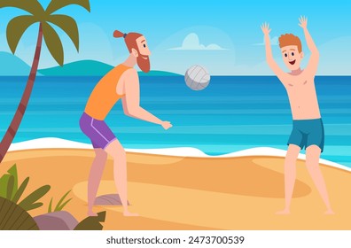 Volleyball players happy father and son outdoor playing in volleyball on the beach