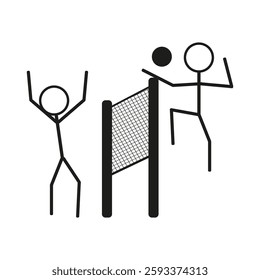 Volleyball players icon. Net game action. Stick figure jump. Team sport vector. EPS 10.