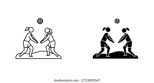 Conjunto de iconos de jugadores de voleibol dos mujeres en estilos de contorno y silueta sólida, aislados en