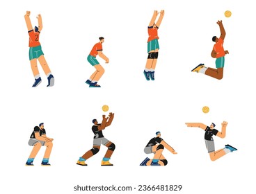Volleyball players isolated illustrations. Athletes with ball in different poses, handling, jumping, defense and offense. Professional sport male players in uniform. Vector cartoon sport game flat set