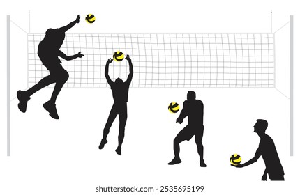 Volleyball players men silhouettes game activity under volleyball net