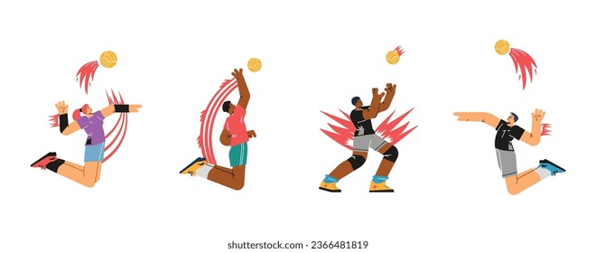 Volleyball players men and women in different poses. Volleyball championship vector illustration isolated set with red motion lines. Athlete raised hands up, jump to catch the ball. Team sport game